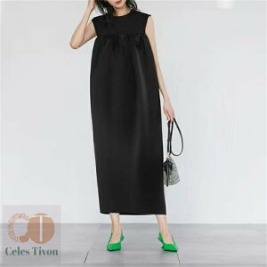 ワンピース 夏 きれいめ 大きいサイズ フォーマル バルーン ロングワンピース レディース ノースリーブ ミモレ丈 黒 ニットワンピース 異素材 切替 着・せ 通勤 レイヤード風 おしゃれ 無地