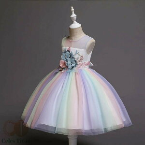 送料無料 子供ドレス ピアノ発表会 ノースリーブ チュール ワンピース 花 姫系 子ども ドレス フォーマル 七五三 ジュニアドレス カラフルな ドレス 110cm-150cm