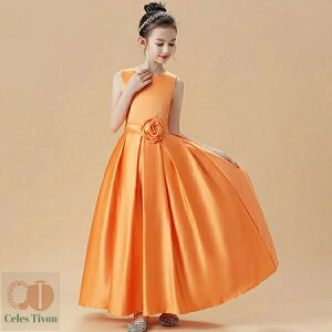 ドレス 中学生 ワンピース 子供 ピアノ発表会 ノースリーブ Aライン プリーツ お花付き ロングドレス プリンセスドレス オレンジ パーティードレス 入園式 結婚式 七五三 お呼ばれ 卒業式 110