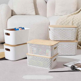 収納バスケット 収納ボックス 卓上 蓋付き 竹製フタ プラスチック メッシュ 編み目調 スタッキング可能 小物入れ 整理ケース チェック柄 高見え おしゃれ 整理整頓 インテリア ナチュラル キッチン リビング 寝室