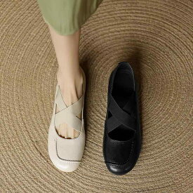 レディース パンプス 本革 羊革 シープスキン ラウンドトゥ フラットシューズ ぺたんこ 柔らかい クロスゴム 痛くない 疲れにくい 履き心地 楽ちん 上品 きれいめ カジュアル 通勤 普段使い 大人 シンプル 疲れない
