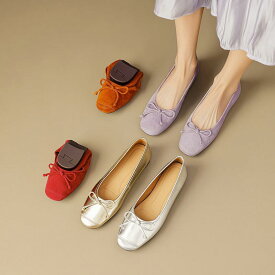 レディース パンプス 本革 牛革 オールレザー ラウンドトゥ リボン ローヒール フラットシューズ 柔らかい 痛くない 疲れにくい 歩きやすい 屈曲性 ぺたんこ 通勤 秋