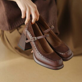 レディース パンプス メリージェーン 本革 牛革 スクエアトゥ ストラップ ハイヒール 厚底 プラットフォーム 前厚 レトロ パンチングデザイン 浅め 高見え 上品 大人可愛い きれいめ 通勤 春