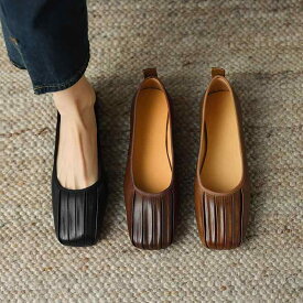 レディース パンプス フラットシューズ 本革 レザー スクエアトゥ ハンドメイド 柔らかい ソフトソール 屈曲性 疲れにくい アンティーク調 ヴィンテージ加工 浅め 通勤 痛くない 履きやすい 上品 きれいめ ぺたんこ オフィスカジュアル