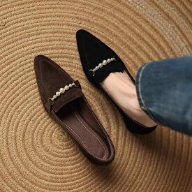 レディース パンプス 本革 シープスエード 大きいサイズ 25.0cm 25.5cm 26.0cm 26.5cm ポインテッドトゥ チャンキーヒール 太ヒール ビーズ装飾 上品 きれいめ 通勤 オフィス 安定感 歩きやすい 痛くない 疲れにくい