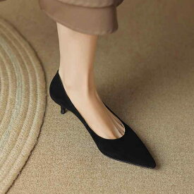 レディース パンプス ポインテッドトゥ ピンヒール スエード 羊革 本革 上品 通勤 オフィス 仕事 ブラック 浅履き 美脚 疲れにくい 歩きやすい 痛くない 走れる オールシーズン
