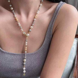 レディース ネックレス ロングチェーン 真珠 貝殻 ハートバックル グレー ブラウン ゴールド 混色 セーター アクセサリー 配飾 女性用 長款 毛衣链 施家 彩色