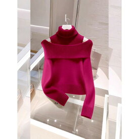 ニットセーター レディース 秋冬 高級感 フェイクレイヤード 肩出し ハイネック 杏色 ゆったり風 柔らかい トップス インナー 吸湿速乾 軽量 日常使い 通勤 部屋着