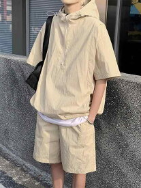 春夏 メンズ 接触冷感 ハーフジップ フード ワークウェア セットアップ 速乾 短袖 短パン カジュアル ストリート 吸湿速乾 軽量 コーディネート