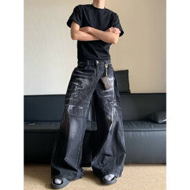 デニムパンツ メンズ レトロ アメリカンスタイル ウォッシュ加工 古着風 ルーズ ワイドレッグ ロングパンツ 稲妻模様 ユニーク ニッチ ストリートファッション カジュアル デイリーウェア 通勤 通学 アウトドア