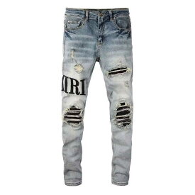 デニムパンツ メンズ レトロ ダメージ パッチ アルファベット プリント ストレッチ スリムフィット 細身レッグ ストリート ファッション 個性派 ハイウエスト 吸湿速乾 通勤 通学 アウトドア