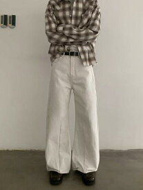 メンズ デニムパンツ レトロ アメリカンスタイル 原色 Aライン シルエット ワイドレッグ ゆったり クリーンフィット 春秋 カジュアル ロング丈 ボトムス