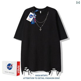 Tシャツ メンズ レディース 春夏 レトロ ヴィンテージ加工 裾破れ ゆったり 短袖 デザイン ネックレス風 トップス カジュアル ストリート ファッション ユニセックス