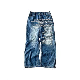 デニムパンツ メンズ ビンテージ レトロ アメリカンスタイル アルファベット柄 プリント ウォッシュド ルーズフィット ストレートレッグ ストリートファッション カジュアル