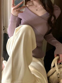 レディース ニットトップス Vネック 修身 グレー紫 快適 優しい スリム ファッション 気質 インナー ベースレイヤー ソフト デザイン スタイリッシュ エレガント ニットシャツ プルオーバー 打底 針織 秋冬 通勤 通学 部屋着