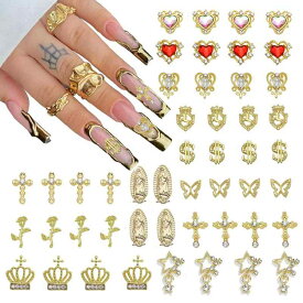 レディース ネイルパーツ 48個セット ゴールド アソート クロス ハート 薔薇 蝶 聖母マリア ラインストーン メタルパーツ セルフネイル ジェルネイル キラキラ 大人可愛い 華やか ゴージャス