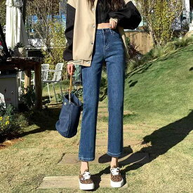 レディース デニムパンツ ジーンズ ストレート テーパード 裏起毛 低身長 小柄 美脚 脚長効果 細見え 体型カバー カジュアル 暖かい 防寒 楽ちん ボトムス 秋冬 春秋