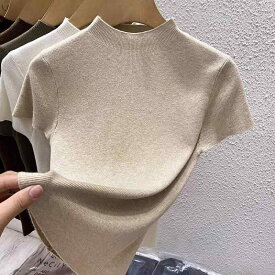 レディース サマーニット Tシャツ 半袖 ハイネック タイト モックネック インナー フレンチスタイル 上品 きれいめ 大人可愛い スタイルアップ 春夏