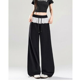 レディース ワイドパンツ ストレートパンツ ハイウエスト ウエストゴム レース スポーティ カジュアル ゆったり 細見え 体型カバー 脚長効果 楽ちん 春 ブラック