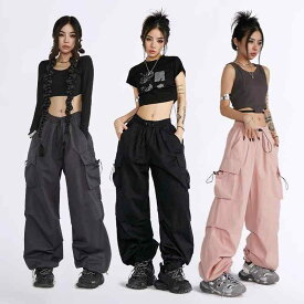 レディース ワイドパンツ カーゴパンツ ハイウエスト ストレート ドローストリング ゆったり ロング丈 ストリート系 アメカジ 体型カバー 楽ちん トレンド 春夏