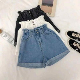 レディース デニム ショートパンツ 大きいサイズ Aライン ウエストゴム ワイド ゆったり 着痩せ 体型カバー 美脚 スタイルアップ 韓国ファッション カジュアル ホットパンツ ボトムス 夏