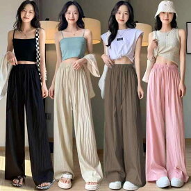 レディース ワイドパンツ 接触冷感 ハイウエスト 落ち感 ストレート プリーツ加工 シワ加工 薄手 ゆったり リラックス 脚長効果 体型カバー 楽ちん カジュアル きれいめ 夏