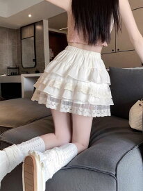 レディース ティアードスカート ミニスカート ショート丈 レース Aライン ハイウエスト 細見え 低身長対応 大人可愛い ボリューム フレア 高見え ホワイト 春 秋