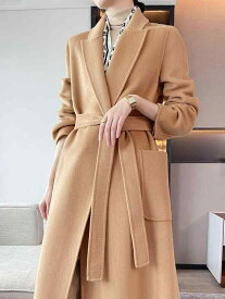 レディース コート ロング丈 カシミヤ15%混 ウール ダブルフェイス ベルト付き タイト 上品 きれいめ 高見え 通勤 オフィス 大人可愛い 秋冬