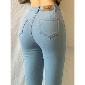 レディース デニムパンツ スキニーパンツ ハイウエスト ストレッチ ロング丈 ライトブルー 細見え ヒップアップ 脚長効果 美脚 タイト スタイルアップ カジュアル ボトムス ジーンズ ジーパン 動きやすい 青