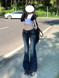 レディース デニムパンツ ハイウエスト フレア ブーツカット ストレッチ レトロ ヴィンテージ風 細見え 美脚 脚長効果 スタイルアップ ロング丈 カジュアル ジーンズ