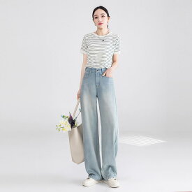 レディース デニムパンツ ハイウエスト ストレート ゆったり カーブパンツ バレルパンツ テンセル混 綿 低身長 小柄 細見え スタイルアップ 美脚 カジュアル 着回し 春 夏
