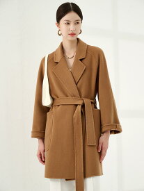 レディース コート ウール100% カシミヤ リバーコート ロングコート ミドル丈 低身長向け 小柄 ウエストマーク リボン ベルト付き ゆったり 上品 高見え きれいめ 通勤 オフィス 防寒 秋冬