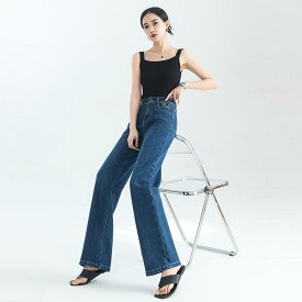 レディース デニムパンツ ジーンズ ハイウエスト ストレート セミフレア 細見え 脚長効果 体型カバー 高見え 上品 きれいめ カジュアル 普段使い 春 夏