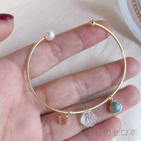 レディース ブレスレット 純銀 Kゴールド加工 星 貝殻 ハート 天然水晶 開口式 かわいい アクセサリー 手首 装飾 女性用 日常使い 軽量 シンプル デザイン ジュエリー ギフト 人気 モチーフ 組み合わせ 調整可能 スタイリッシュ モード
