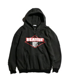 【THRIFTY LOOK / スリフティールック】 WORN-OUT BAND HOODIE NECK SLIT ダメージ加工 ニルヴァーナ レッドホットチリペッパーズ ビースティーボーイズ バンド パーカー ネックスリット