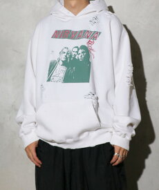 【THRIFTY LOOK / スリフティールック】WORN-OUT BAND HOODIE "NIRVANA" オフィシャル ニルヴァーナ プルオーバー パーカー ユーズド加工 カンガルーポケット
