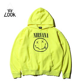 【THRIFTY LOOK / スリフティールック】WORN-OUT BAND HOODIE "NIRVANA" ユーズド加工 バンド プリント リラックスフィット ニルヴァーナ スマイリーフェイス フーディ— プルオーバー パーカー
