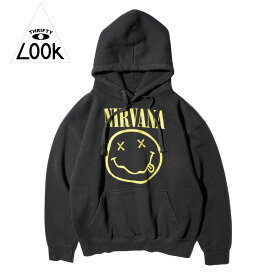 【THRIFTY LOOK / スリフティールック】THRIFTY "NIRVANA" HOODIE ニルヴァーナ ロックバンド プルオーバーパーカ スマイリーフェイス ライセンシー フーディー ユーズド加工 ヴィンテージ加工 裏起毛