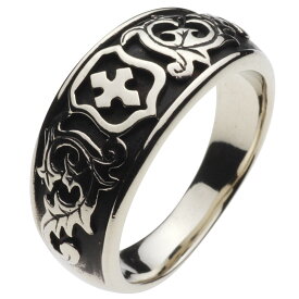 ホワイトメタルリング 指輪 メンズ 植物 十字架 盾 シールド 紋章 エンブレム 中世ヨーロッパ 騎士 ナイト 葉 リーフ ゴシック