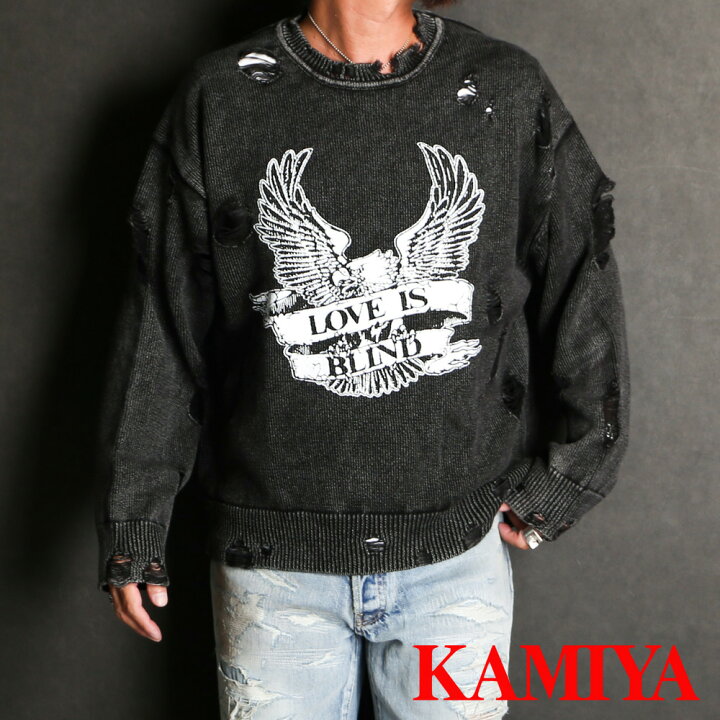 楽天市場】【KAMIYA/カミヤ】Bleached Print Knit Sweater - BLACK 