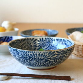 藍染タコ唐草 麺鉢 古来からある伝統の柄 大鉢 ボール そうめん鉢 どんぶり 和食器 国産 美濃焼 訳あり
