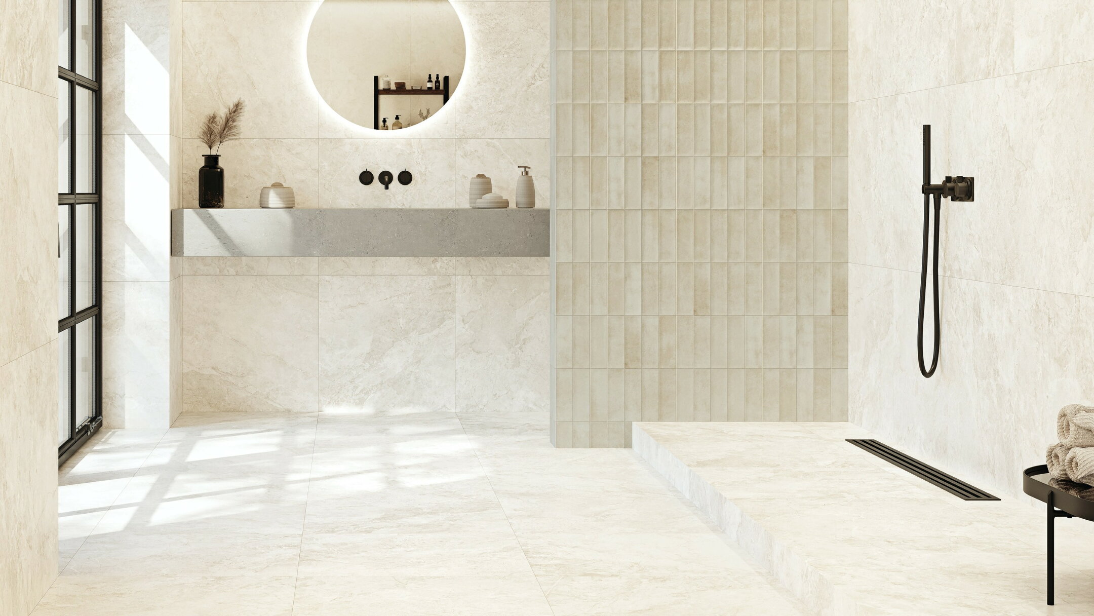 施工例：大理石調の白の600床磨きタイルの洗面所での使用例