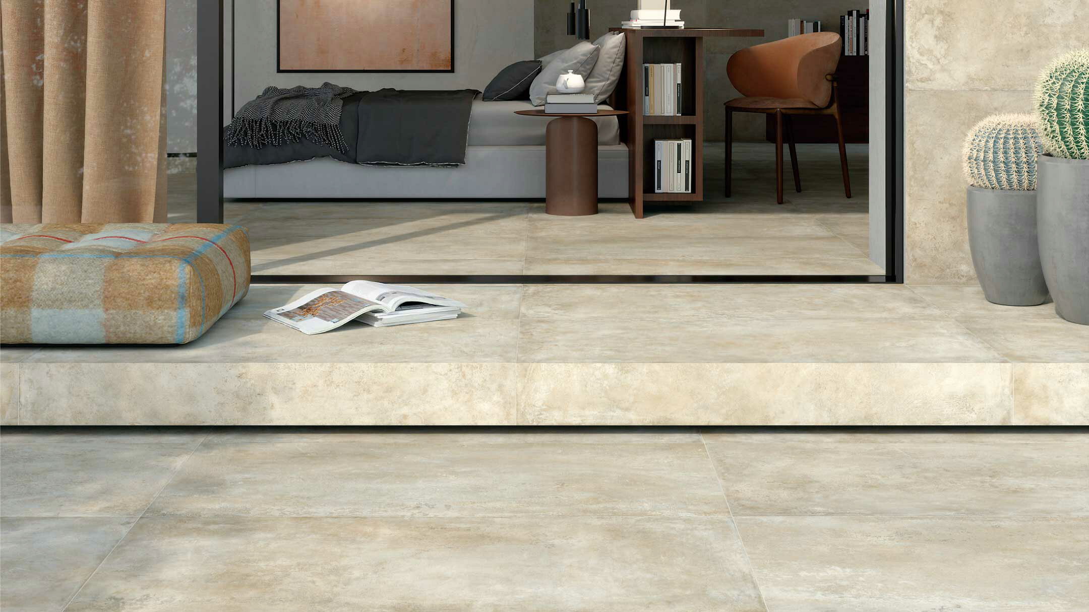 施工例：テラスと室内床を同じ600角マットタイルで使用した例