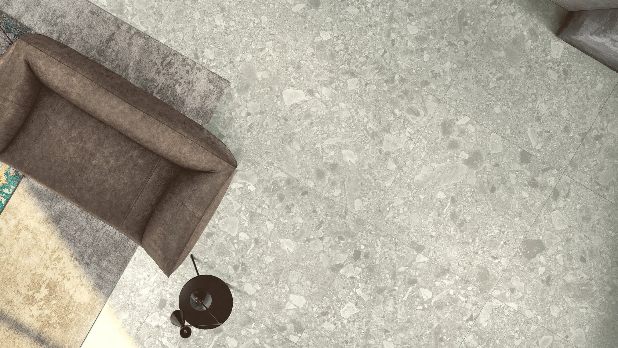 施工例：グレーの600床テラゾータイルの書斎での使用例