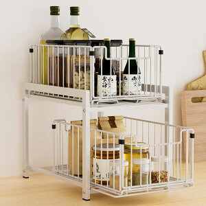 キッチン収納 シンク下収納 スライドラック 2段 引き出し付き 大容量 洗面所収納 スリム おしゃれ 安定性 10 KGまで対応 (White)