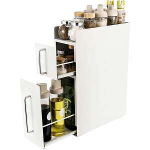 隠せる調味料ラック 2段 約W14×D35×H48cm 調味料ホルダー 引き出し式 調味料 スパイス ボトル 省スペース コンロ横 キッチンラック 大型 キッチン収納 【完成品】(ホワイト, 隠せる調味料ラッ