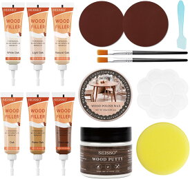 【ぬくもりセール！15%OFF券】 SEISSO フローリング 補修 木製品キズ補修セット 6色補修クリーム フローリング ウッドワックス パテ 家具補修マーカー 床 ドア 家具補修 キズ隠し ネジ穴、ひび割れ、釘目、傷、焼灼、変色など補修 サンドペーパー