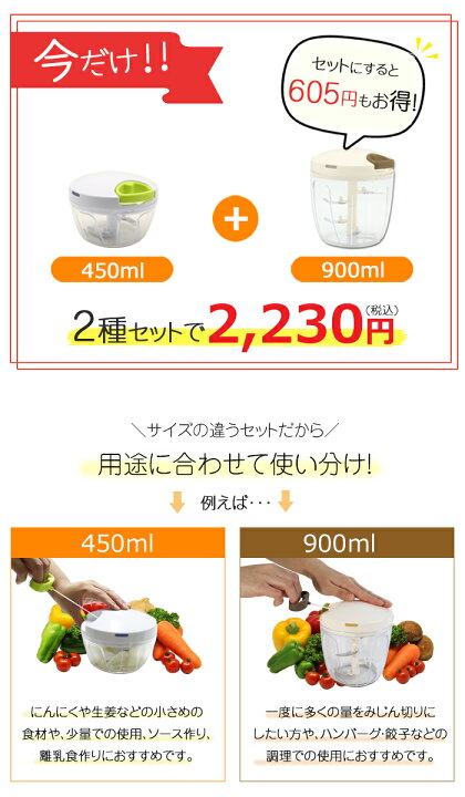 楽天市場】【2種セット】レシピ付き ふたも洗える ぶんぶんチョッパー 450ml + 強化版 ぶんぶんチョッパー5S(スーパー5) 5枚刃 900ml スライサー みじん切り 手動 フードプロセッサー みじん切り器 フードチョッパー 大容量 : chacha雑貨 楽天市場店 楽天市場】【2種セット】レシピ付き ふたも洗える ぶんぶんチョッパー 450ml + 強化版 ぶんぶんチョッパー5S(スーパー5) 5枚刃 900ml スライサー みじん切り 手動 フードプロセッサー みじん切り器 フードチョッパー 大容量 : chacha雑貨 楽天市場店