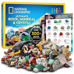 NATIONAL GEOGRAPHIC Rocks & Fossils Kit ? 200Piece Set Includes Geodes, Real Fossils, Rose Quartz, Jasper, Aventurine, & Many More Rocks, Crystals & Gemstones