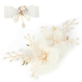 HUAZONTOM 髪飾り 結婚式 ヘアアクセサリー 花 蝶結び ヘアクリップ 2点セット ヘッドドレス おしゃれ レディース こども キッズドレス ウェディング アクセサリー ブライダル 卒業式 ピアノ 発表会 フォーマル パールフラワー+リボン